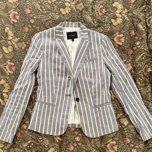 Banana Republic Women's Light Blue and White Striped Linen-Blend Blazer